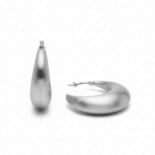 Silver-Tone Crescent Moon Hoop Earrings with Satin Brushed Finish