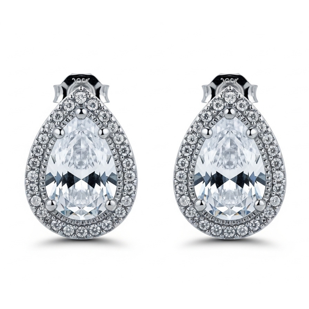 Silver-Tone Teardrop Halo Crystal Drop Earrings for Women — Medium Size