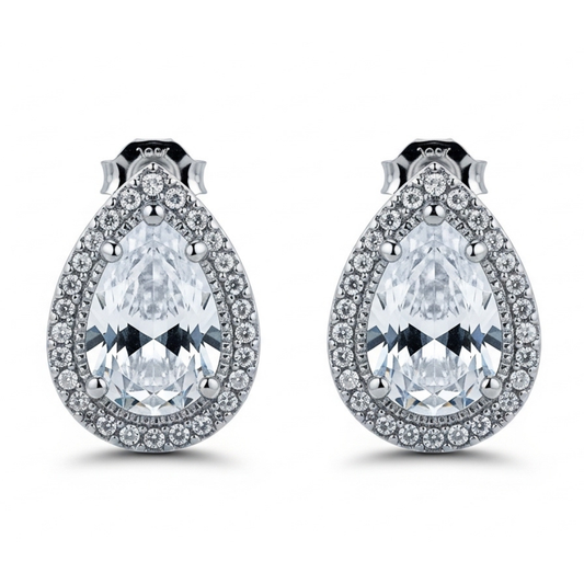 Silver-Tone Teardrop Halo Crystal Drop Earrings for Women — Medium Size