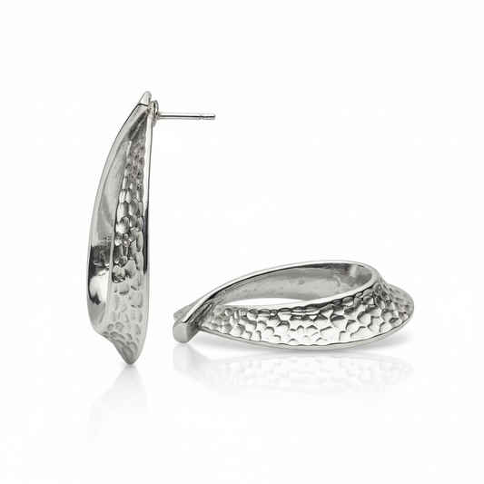 Silver-Tone Twisted Leaf Drop Earrings with Hammered Texture Finish