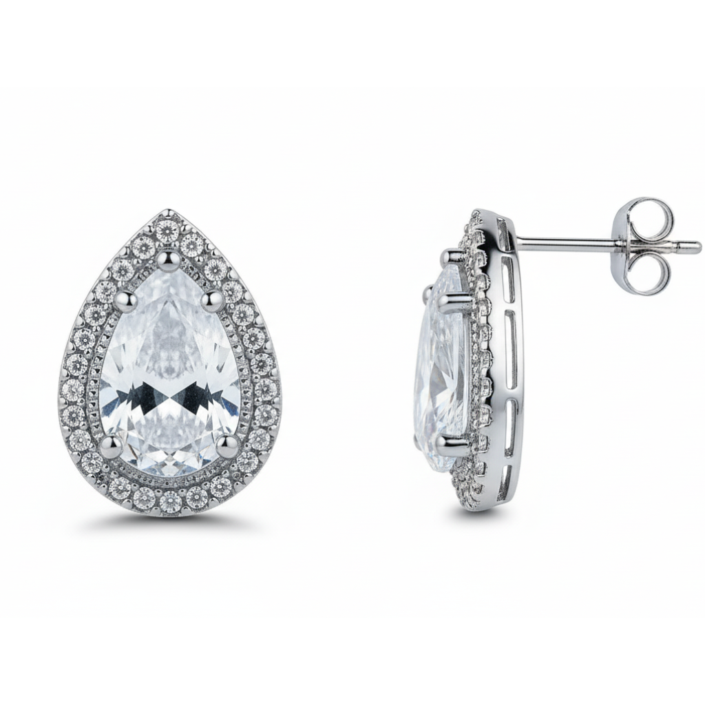 Silver-Tone Teardrop Halo Crystal Drop Earrings for Women — Medium Size