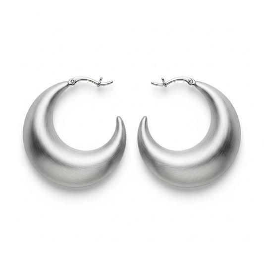 Silver-Tone Crescent Moon Hoop Earrings with Satin Brushed Finish