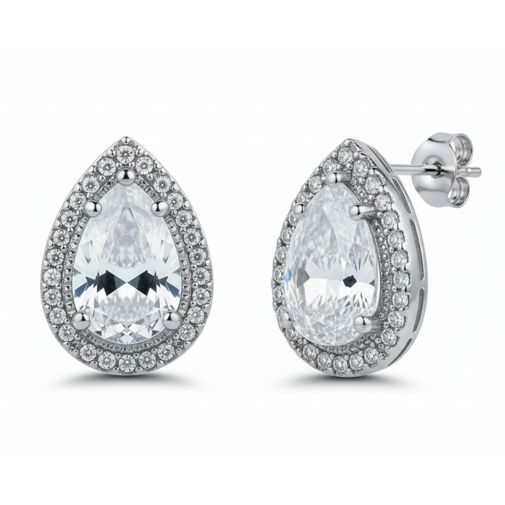 Silver-Tone Teardrop Halo Crystal Drop Earrings for Women — Medium Size