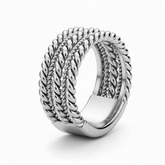 Silver Twisted Rope Band Statement Ring – Medium Size, Polished Finish, Unisex