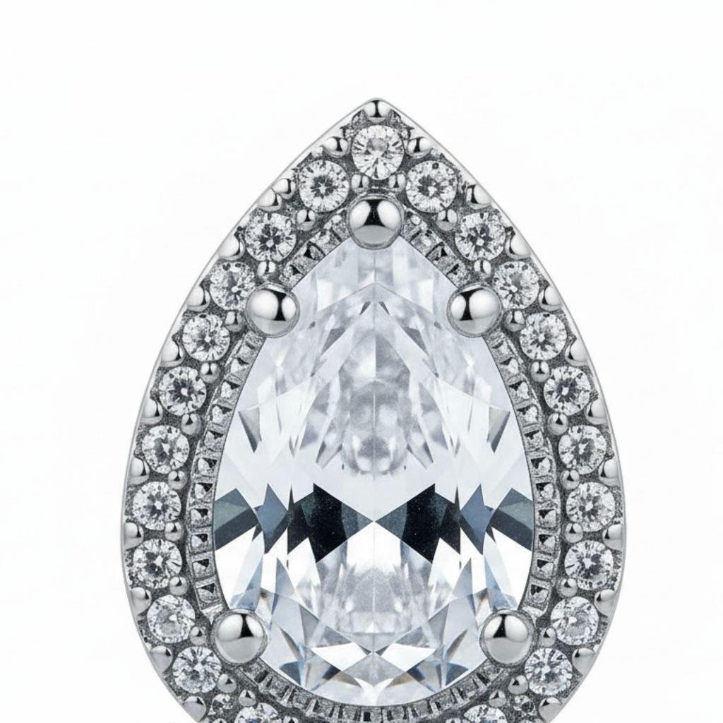 Silver-Tone Teardrop Halo Crystal Drop Earrings for Women — Medium Size